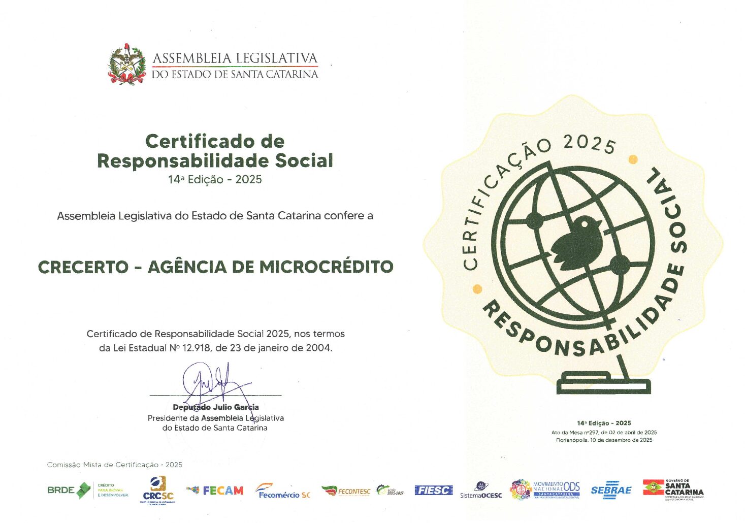 Crecerto recebe Certificado de Responsabilidade Social da ALESC