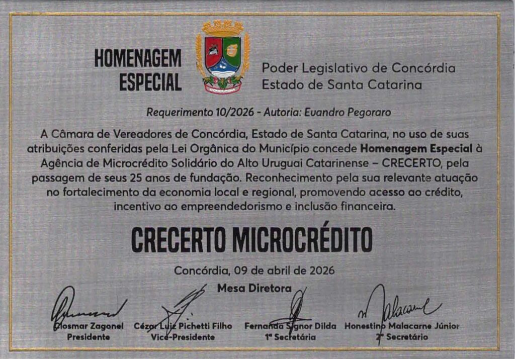 Câmara de Concórdia homenageia Crecerto pelos 25 anos de atuação